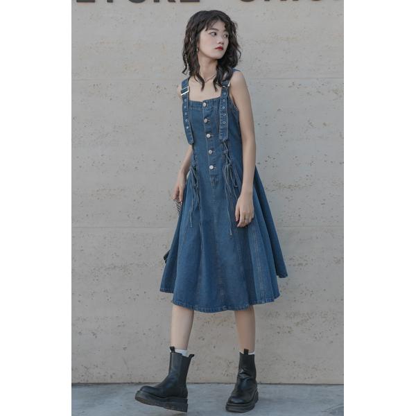 ひざ丈ワンピース 破れジーンズ デニム ゆったり 着痩せ サロペットスカート leap-ec_ssj0209