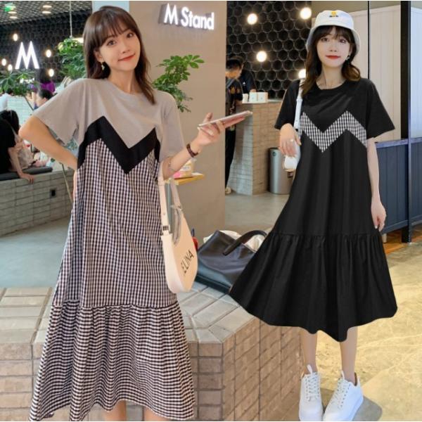 半袖ワンピース ギンガムチェック ブラック ホワイト 花柄 ティアードスカート aljun-714s_00.jpg?basethum=225