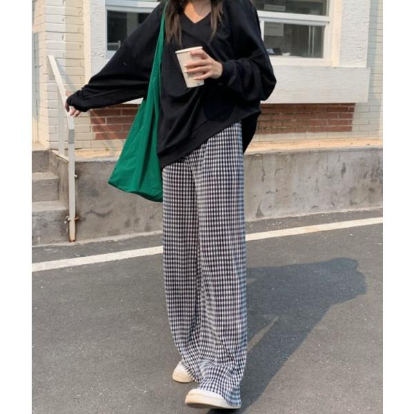 ワイドパンツ レディース 春夏 ボトムス ロング ギンガムチェック 無地