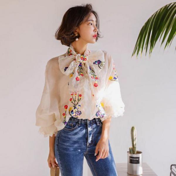 即納 春新作 ブラウス レディース シフォンブラウス アプリコット ボウタイリボンブラウス 花柄 ブラウス パフスリーブブラウス 刺繍ブラウス 春夏 韓国 Ssl0003 Leap リープ 通販 Yahoo ショッピング