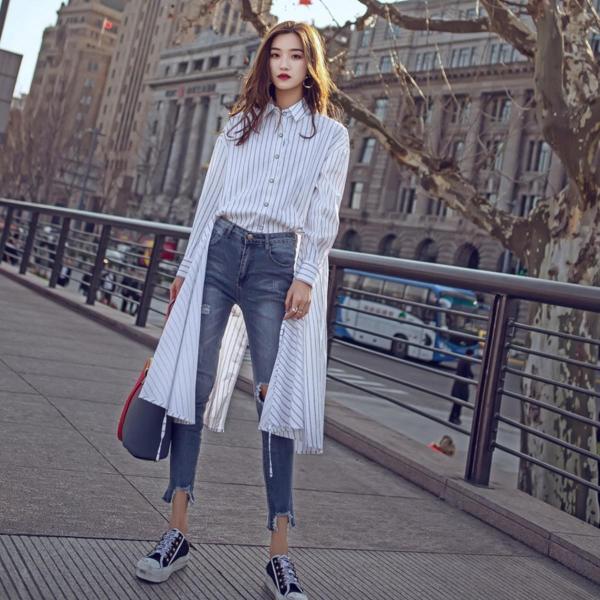 ロングシャツ ストライプ アシンメトリー シャツ ブラウス レディース