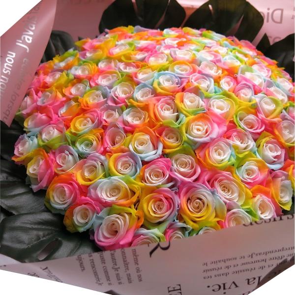 レインボーローズ100本の豪華プリザーブド花束