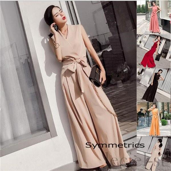 パーティードレス レディース 結婚式 お呼ばれ 春 夏 大きいサイズ オールインワン ワイドパンツ ドレス 袖無し Vネック リボン付き きれいめ Lec918 Leciel 通販 Yahoo ショッピング