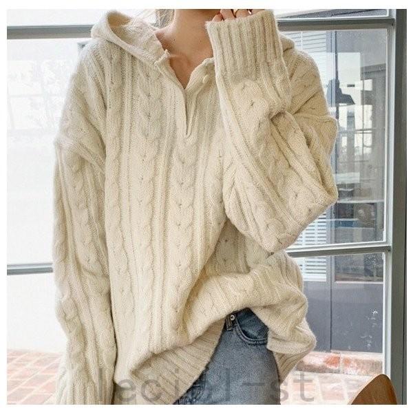 フーディー プルオーバーニット レディース トップス ニット セーター パーカー ケーブル編み 縄編み Pri Sgjin703 Leciel 通販 Yahoo ショッピング