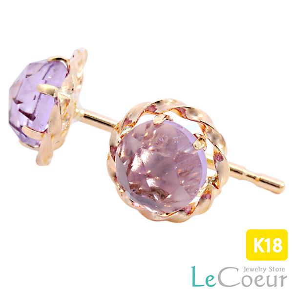 18金 アメジスト スタッドピアス k18 ローズカット ピアス 2月 