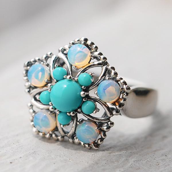 碌山 ターコイズ＆オパールリング 南の海を思わせるターコイズブルー