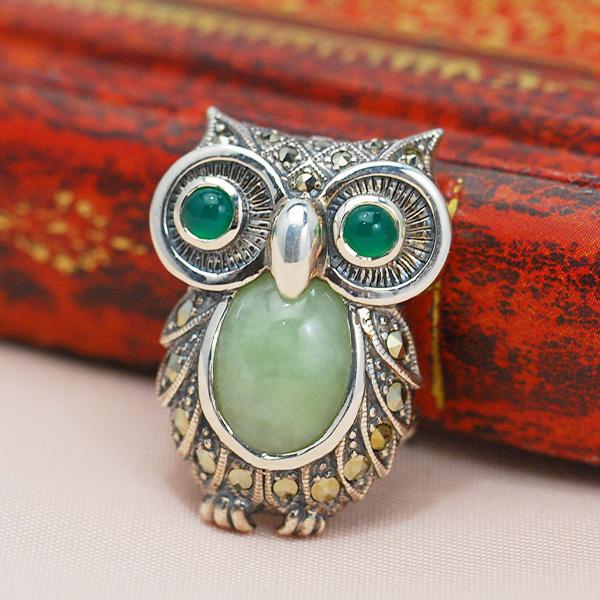 碌山 翡翠 グリーンアゲート ふくろう ブローチペンダント 202C0357-TY