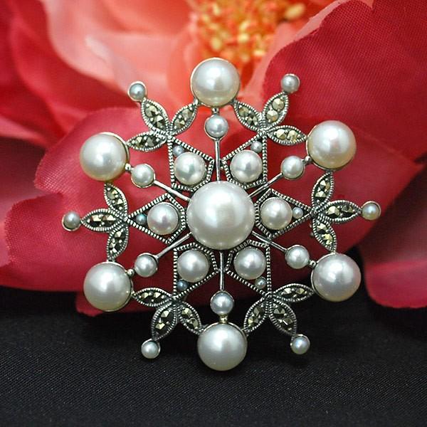 碌山 淡水真珠 雪 ブローチペンダント きらりと光るシックな雪の結晶