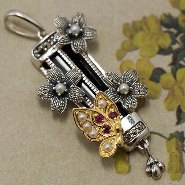 碌山 オニキス・ルビー・シードパール 和の桜アンティーク