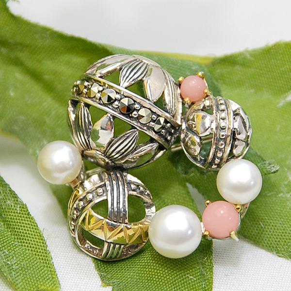 碌山 ピンクオパール 淡水真珠 手鞠 ブローチ ペンダント はんなり上品