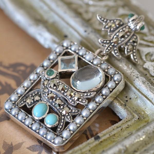 碌山 ブルートパーズ ターコイズ 小鳥 ペンダントトップ 爽やかな  