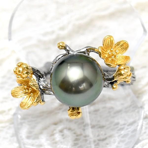 ハンドメイド　フラワーデザイン シルバーリング 黒蝶パール ハンドメイドフラワーデザイン シルバーリング 黒蝶パール