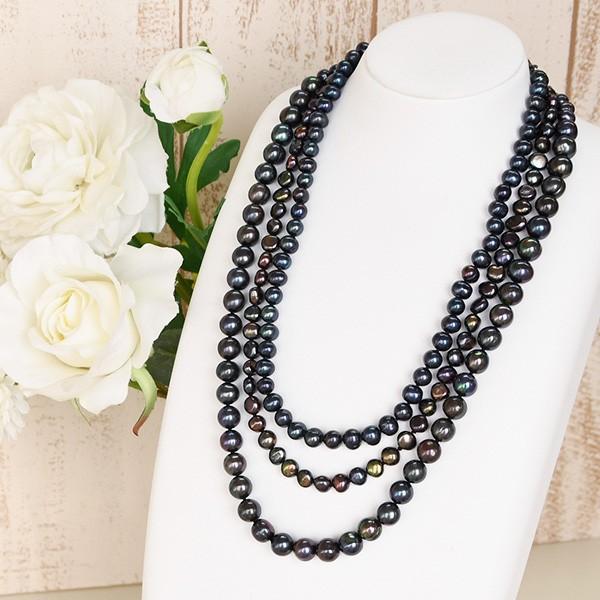 夜色 ダークカラー 淡水真珠 三連 ネックレス 華やかなミステリアス