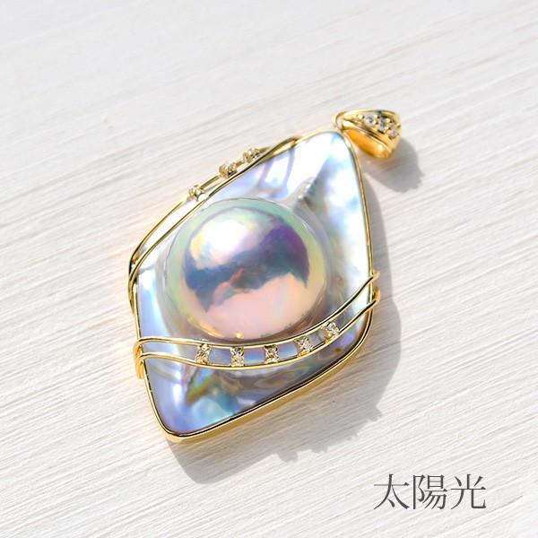 特大 ブルー マベ真珠 ダイヤモンド K18YG ペンダントトップ