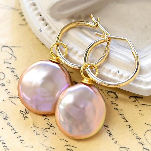 コインパール K14YG フープ ピアス 可愛いかたちの大粒真珠チャームが