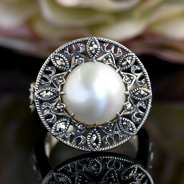 碌山 マベ真珠 マルカジット リング 繊細な透かし銀細工 RP 206R0112