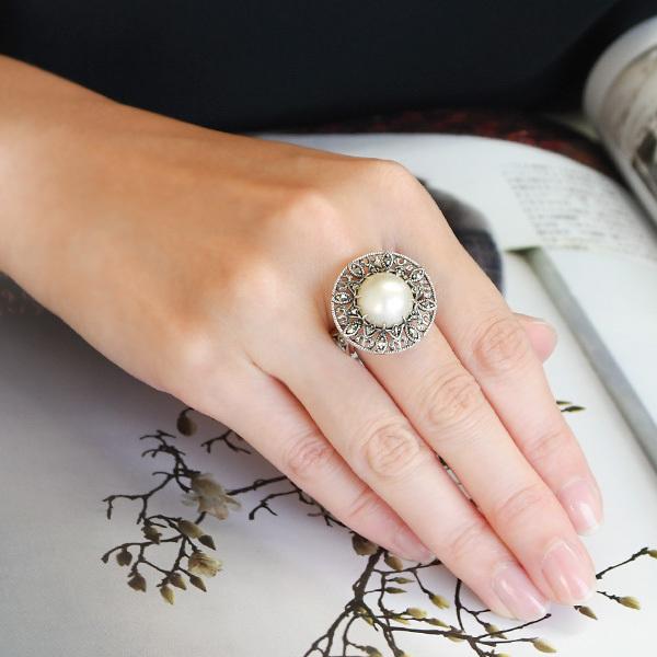 碌山 マベ真珠 マルカジット リング 繊細な透かし銀細工 RP 206R0112