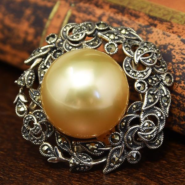 碌山 ロクザン ヴィンテージ オニキス パール シルバーブローチ 925