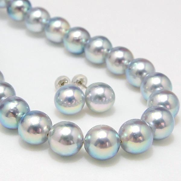 無調色 ナチュラルブルー アコヤ真珠 9mm ネックレス ピアス