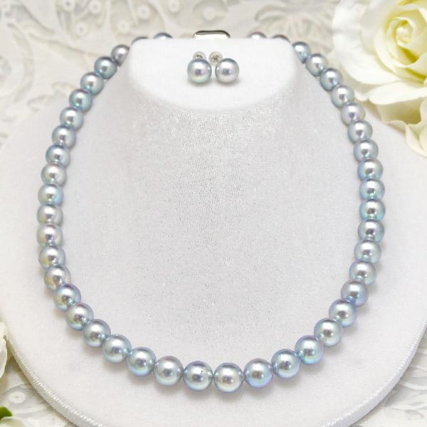 無調色 ナチュラルブルー アコヤ真珠 9mm ネックレス ピアス