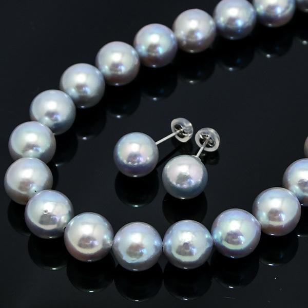 無調色 ナチュラルブルー アコヤ真珠 9mm ネックレス ピアス