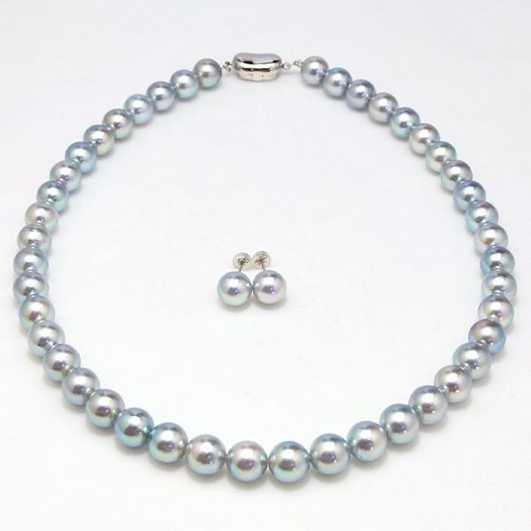 無調色 ナチュラルブルー アコヤ真珠 9mm ネックレス ピアス