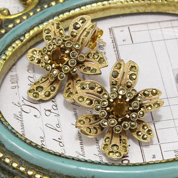 碌山 コニャッククォーツ & マルカジット フラワー ピアス イヤリング