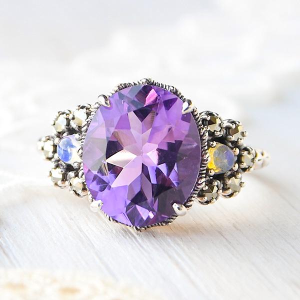碌山 アメジスト オパール リング エレガントなアンティークデザイン