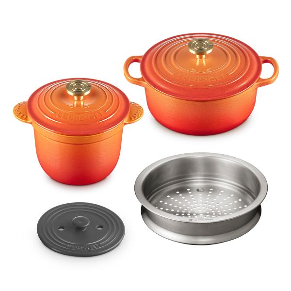 g*t様 LE CREUSET ルクルーゼ 両手鍋 レッド スチーマー セット Le Creuset セット 鍋 ホーロー鍋 両手鍋 スチーマー 蒸し器 ル