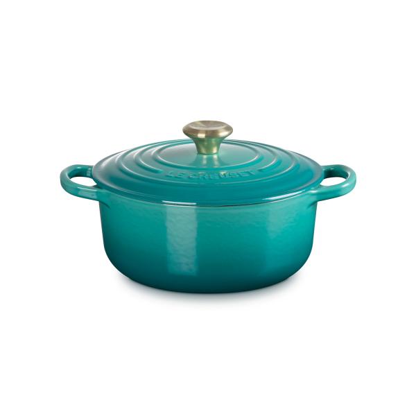 ル・クルーゼ 公式 ルクルーゼ Le Creuset 鍋 IH ｜ シグニチャー ココット・ロンド 20cm ブルー リビエラ (ライトゴールドツマミ)  ｜プレゼント ギフト 贈り物