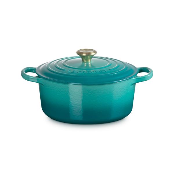 ル・クルーゼ 公式 ルクルーゼ Le Creuset 鍋 IH ｜ シグニチャー ココット・ロンド 22cm ブルー リビエラ (ライトゴールドツマミ)  ｜プレゼント ギフト 贈り物