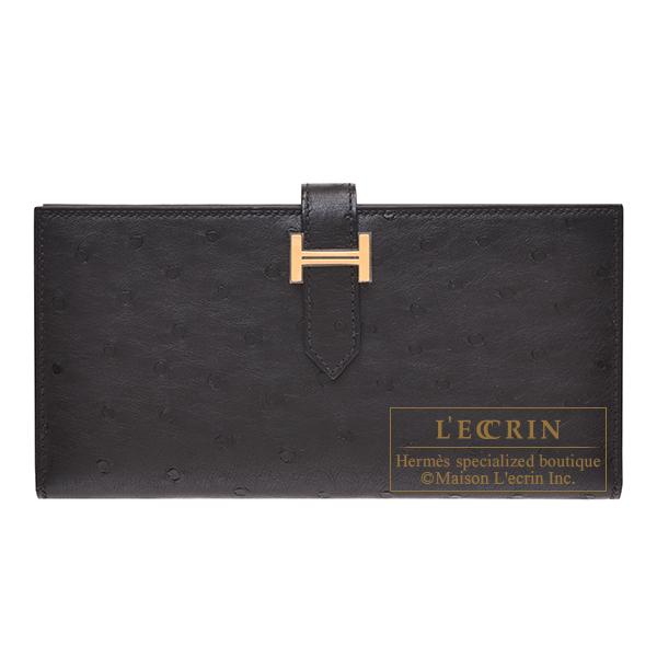 HERMES エルメス ベアンスフレ ブラック オーストリッチ ゴールド金具 