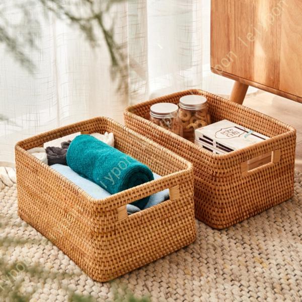 ラタン　籠　収納籠　バスケット タイ製ラタン 収納バスケット 四角型 取手付き L 籐かご : ラタン