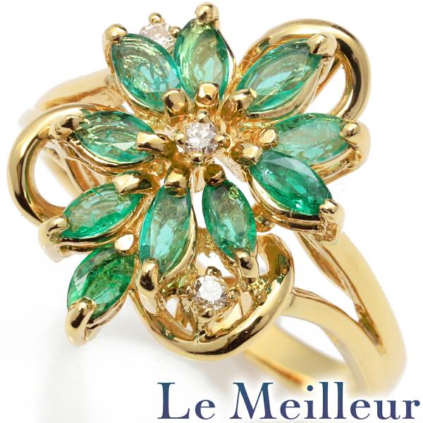 フラワーデザインリング 指輪 エメラルド ダイヤモンド K18 13号 中古  