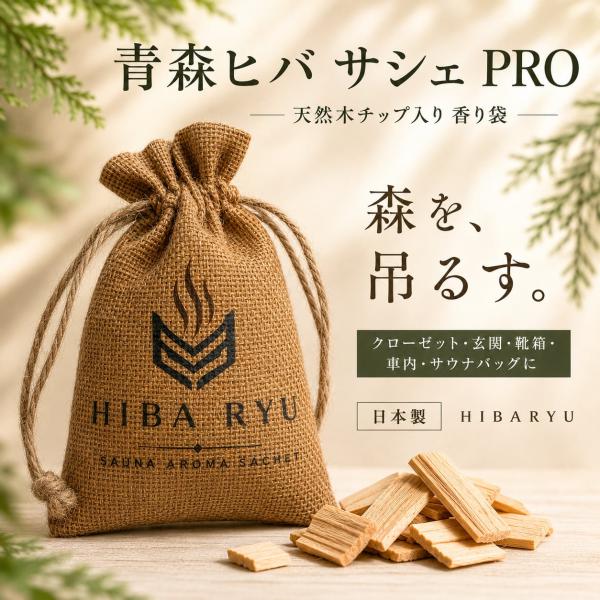 【青森ヒバ サシェ PRO】天然木チップ入り 香袋｜青森ヒバ×ヒノキ 森のウッドアロマ クローゼット 玄関 車内 吊り下げ 日本製 HIBA RYU レソンシエル ジャポン