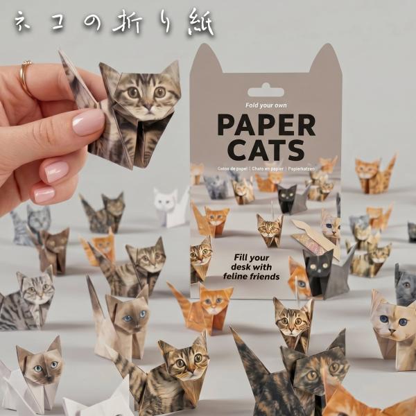 【 脳トレ 】 折り紙 猫 立体 ペーパークラフト キット 『PAPER CATS』 48枚セット リアル ねこ ネコ アート 工作 知育 おうち時間 猫グッズ プレゼント 図解