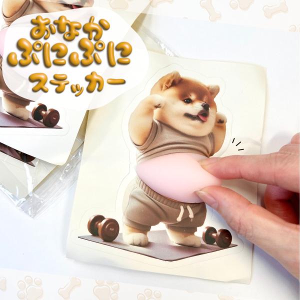 【 柴犬 おなか ぷにぷに ステッカー 】 ダイエット 筋トレ ピンク シール 3D 犬 ぽっちゃり ぷっくり 腹出し おデブ 立体 柔らかい スクイーズ ふわふわ