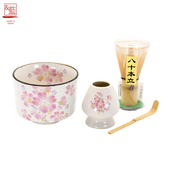 美濃焼 &藍 抹茶4点セット華まつり桜 | 日本製 和食器 食器 茶筅 茶杓 くせ直し 抹茶 抹茶碗 抹茶碗セット 抹茶茶碗 茶道具 茶せん 茶さじ 花柄 食器