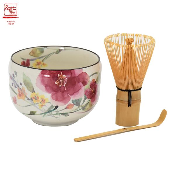 美濃焼 &藍 抹茶セット 花水彩 | 日本製 和食器 食器 茶筅 茶杓 抹茶 抹茶碗 抹茶碗セット まっちゃわん 抹茶茶碗 茶道具 茶せん 茶しゃく 茶さじ  花柄