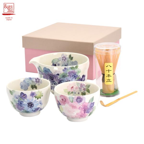 美濃焼 &藍 片口抹茶セット 花工房|日本製 和食器 食器 茶筅 茶杓 抹茶 抹茶碗 抹茶碗セット まっちゃわん 抹茶茶碗 茶道具 茶せん 茶さじ