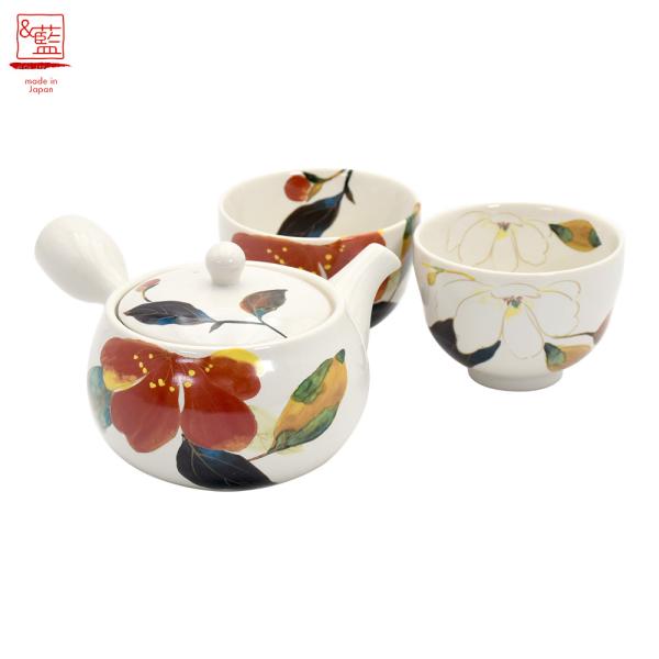 美濃焼 &藍 ペア急須茶器 花かいろう | 茶 碗 急須 急須茶器 湯呑 お茶 急須茶器セット 花柄 急須湯呑セット 自宅  かわいい おしゃれ 和風 食器 和食器