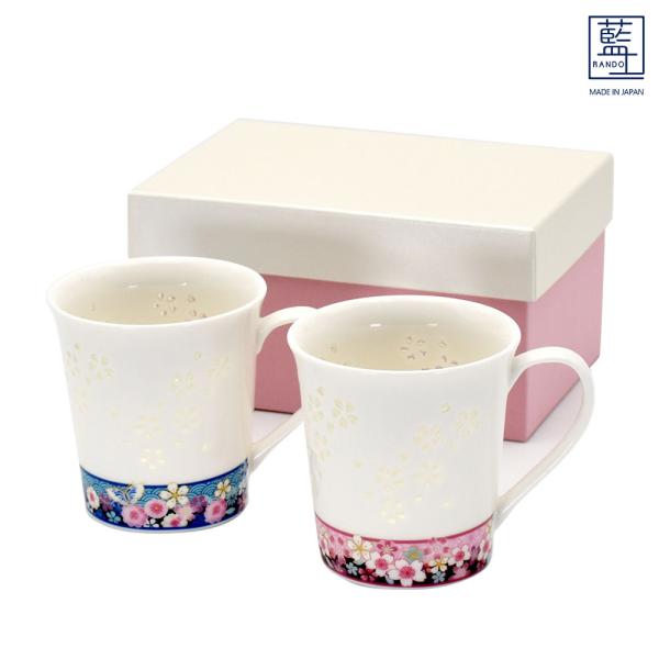 藍土 透かし桜友禅 ペアマグカップ｜日本製  マグカップ　カップ  コップ お茶 茶 ギフト 外国 海外 お土産 土産 和食器 和風   セラミック藍