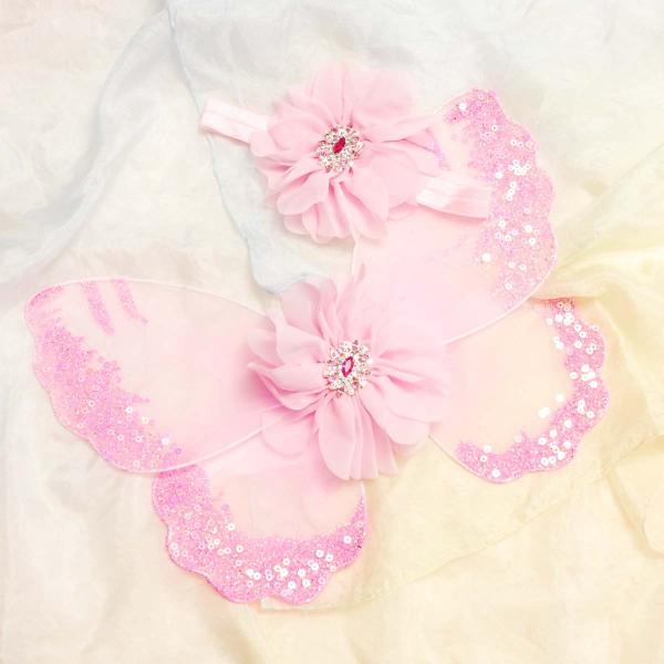 コスチューム 写真撮影 記念写真 赤ちゃん 羽 蝶 ヘアバンド 花 セット ピンク 新生児 ニューボーンフォト フォト
