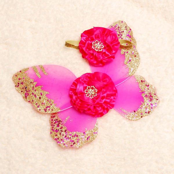 コスチューム 写真撮影 記念写真 赤ちゃん 羽 蝶 ヘアバンド 花 セット ピンク 赤 新生児 ニューボーンフォト フォト