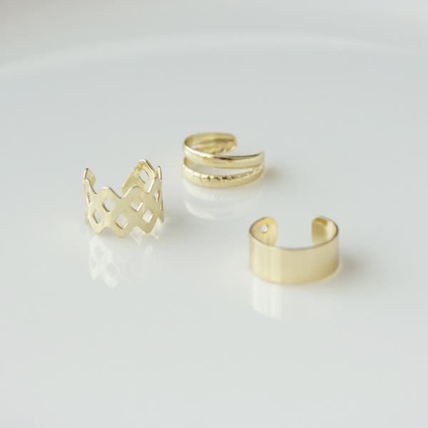 イヤーカフ 3点セット イヤカフ イヤーカフセット イヤリング メタル シルバー ブラック プレート 2連 重ね付け 重ねづけ風 ダイヤ 幾何学 シンプル