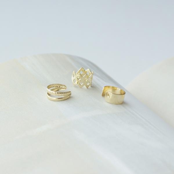 イヤーカフ 3点セット イヤカフ イヤーカフセット イヤリング メタル シルバー ブラック プレート 2連 重ね付け 重ねづけ風 ダイヤ 幾何学 シンプル