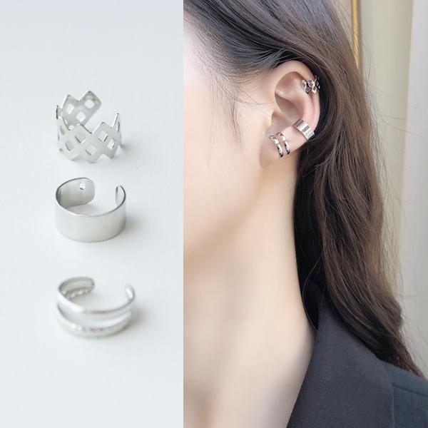 イヤーカフ 3点セット イヤカフ イヤーカフセット イヤリング メタル シルバー ブラック プレート 2連 重ね付け 重ねづけ風 ダイヤ 幾何学 シンプル