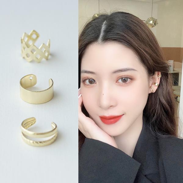 イヤーカフ 3点セット イヤカフ イヤーカフセット イヤリング メタル シルバー ブラック プレート 2連 重ね付け 重ねづけ風 ダイヤ 幾何学 シンプル