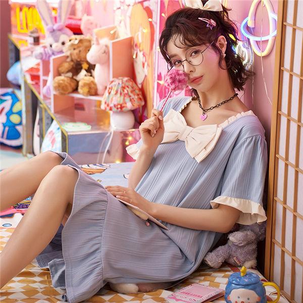 ワンピースパジャマ ルームウェア レディース 半袖 リボン付き 水玉 薄手 涼しい 部屋着 ホテル 春夏用 可愛い パジャマ 送料無料 Ppajmnvs0058 良心ストア 通販 Yahoo ショッピング