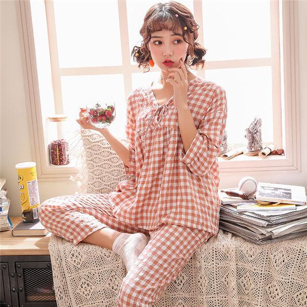 ルームウェア パジャマ レディース 上下セット 可愛い 部屋着 チェック柄 ７分袖トップス ロングパンツ 春夏用 パジャマ 送料無料 Ppajmnvs065 良心ストア 通販 Yahoo ショッピング